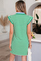 Dark Blue Stripe Print Contrast Collar Split Neck Flutter Sleeve Short Dress