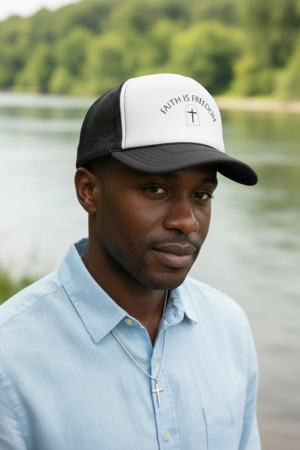 Black and white trucker hat with 'The Midnight Nook' design on a white background