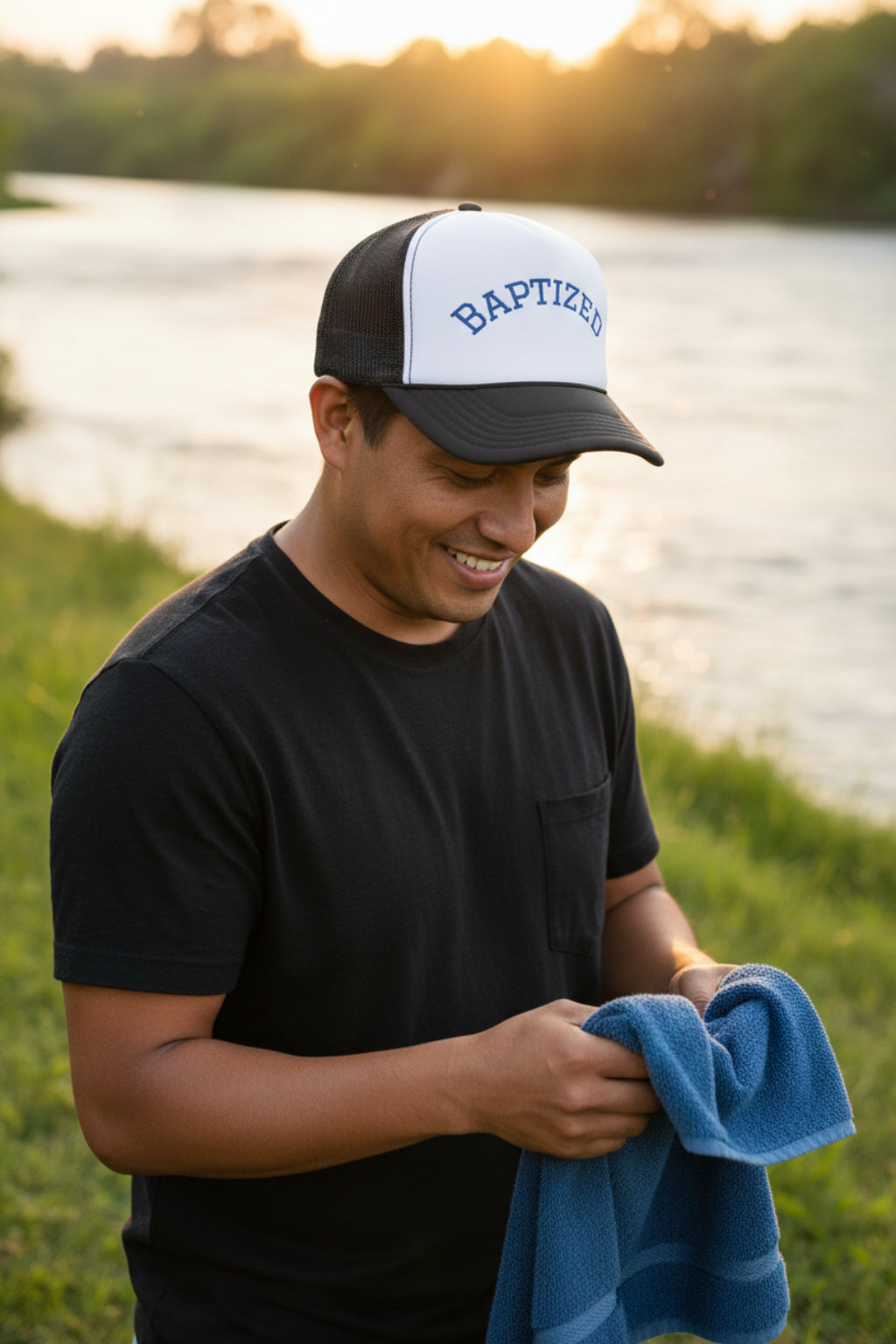 A white and navy blue trucker hat with 'BAPTIZED' embroidered in blue arched letters on the front white panel.