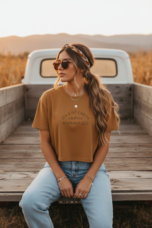 Brown crop top  with text stating, "It's Just Earth, Chill Out, Romans 12:2" on a white background