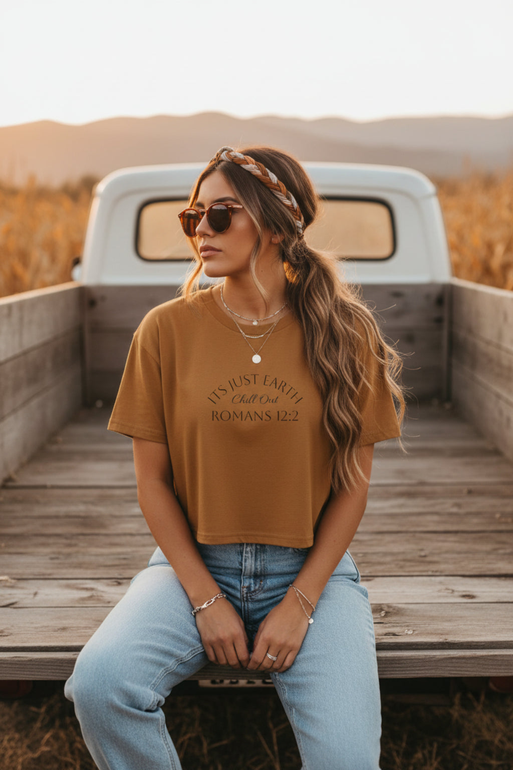 Brown crop top  with text stating, "It's Just Earth, Chill Out, Romans 12:2" on a white background