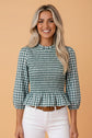 Gingham Shirred Long Sleeve Peplum Top