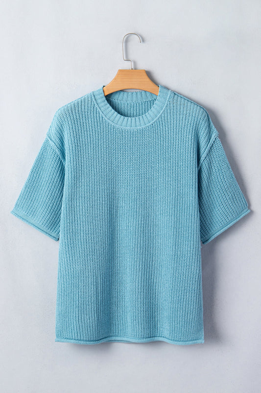 Solid Exposed Seam 3/4 Sleeve Loose Sweater