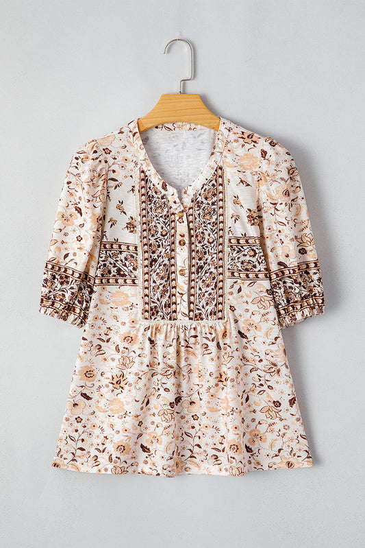 Boho Floral Half Placket Short Sleeve Blouse
