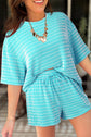 Sky Blue Stripe Raised Rib Loose Tee Drawstring Elastic Waist 2pcs Short Set