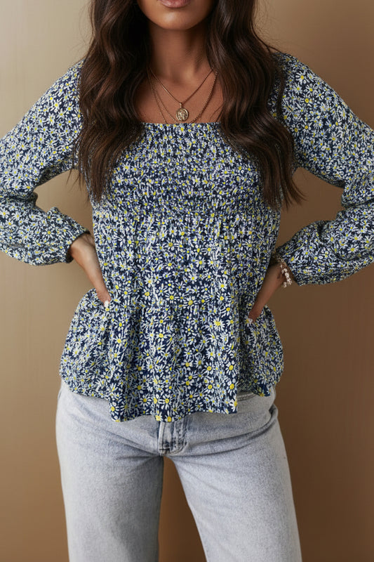 Blue Boho Floral Print Smocked Square Neck Loose Fit Blouse