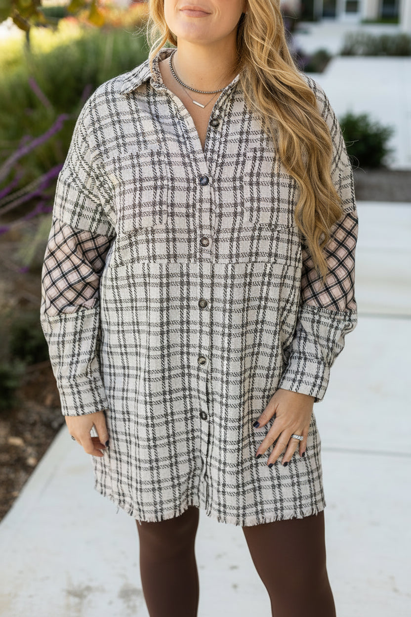 White Stripe Plus Size Plaid Buttoned Raw Hem Tunic Shirt Dress