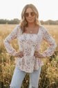 Pink Floral Print Pleated U Neck Loose Fit Blouse