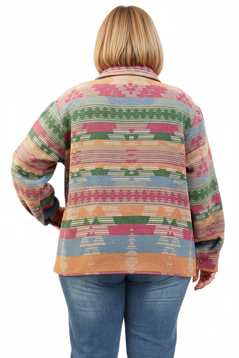 Pink Plus Size Aztec Printed Flap Pocket Shacket