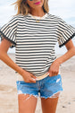 Black Stripe Scallop Lace Trim Ruffle Short Sleeves Crewneck Top
