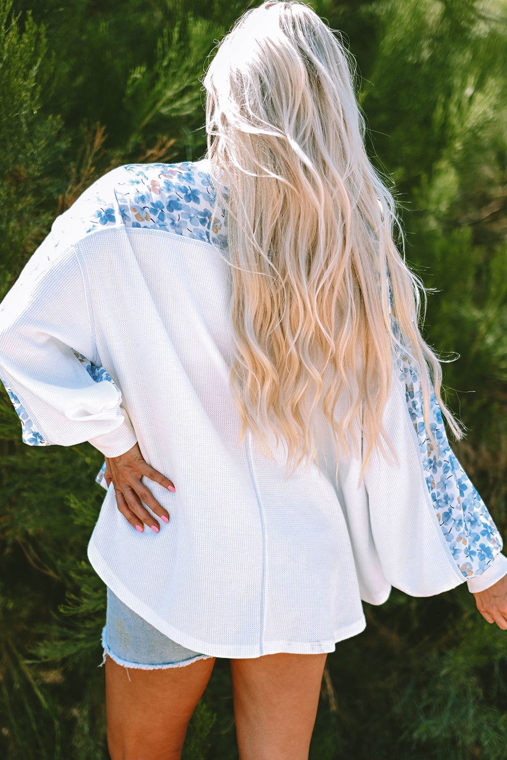 Floral Patchwork Batwing Sleeve V-Neck Blouse
