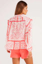 Desert Flower Vintage Print Smocked Poet Collar Billowy Blouson Sleeves Blouse