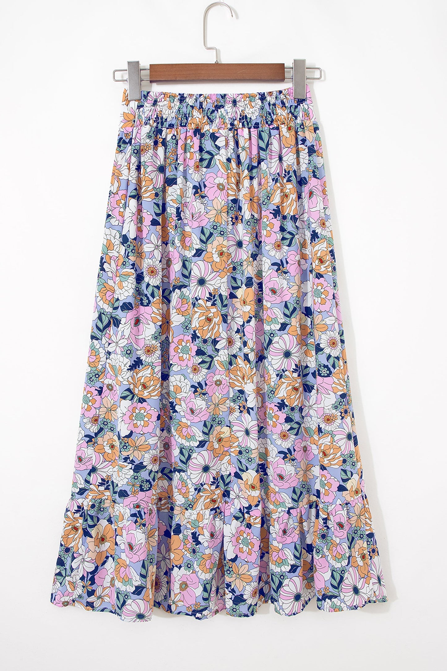 Floral Lace Up High Waist Ruffle Maxi Skirt