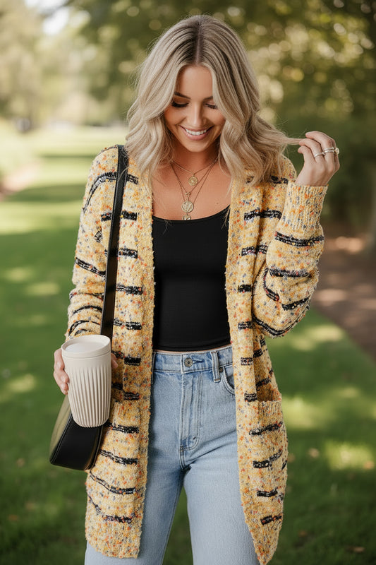 Beige Striped Pom Pom Knit Open Front Long Cardigan