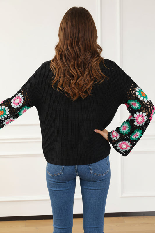 Black Floral Crochet Bell Sleeve Loose Sweater