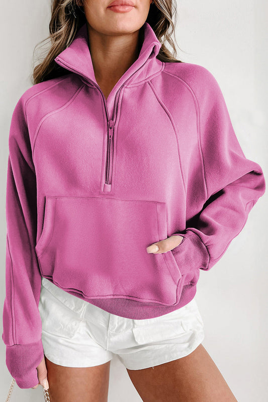 Solid Fleece-Lined Half-Zip Up Collar Sweatshirt