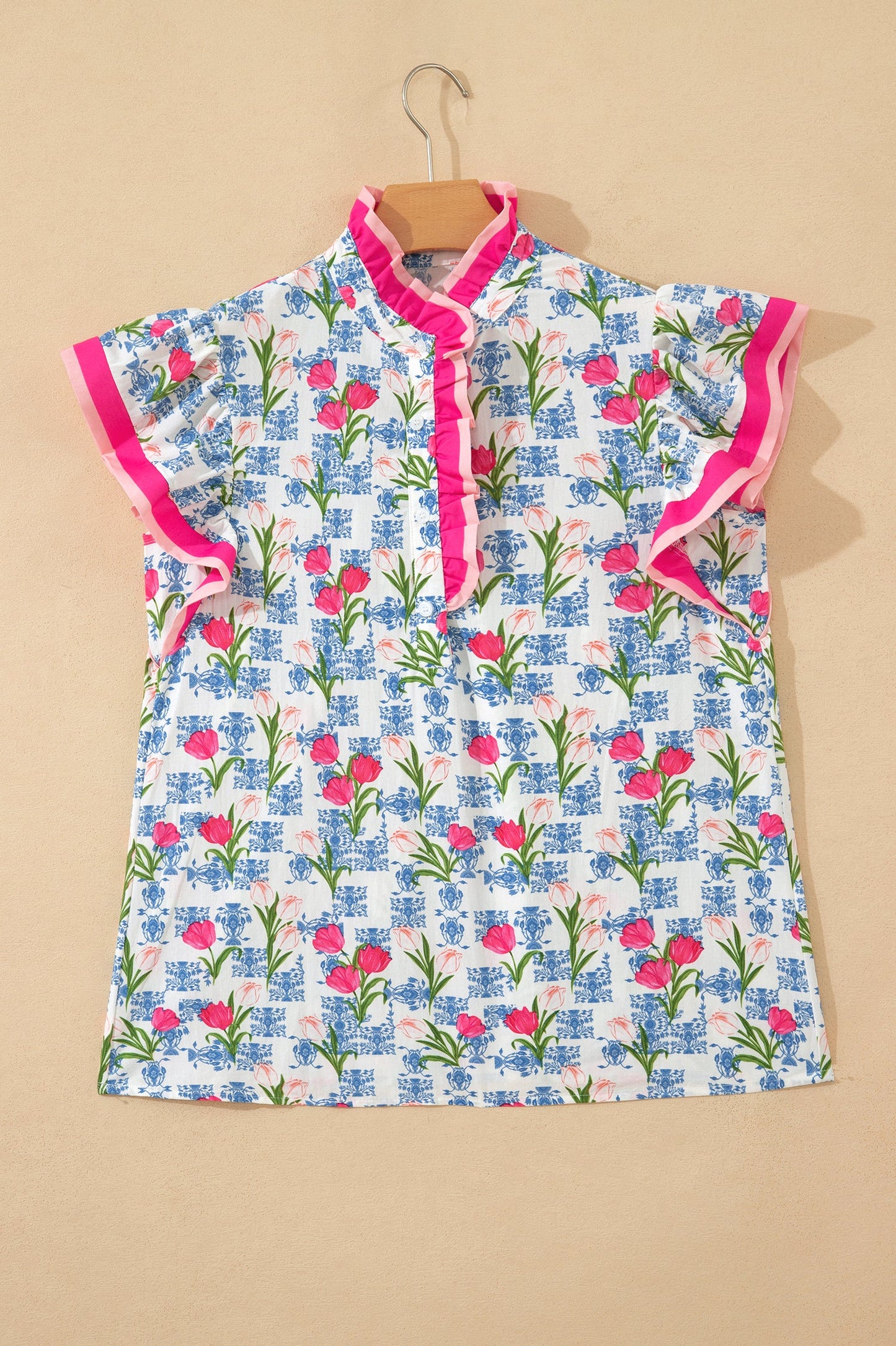 Floral Colorblock Flutter Sleeve Half Button Blouse