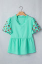 Flower Embroidered Puff Sleeve Frilled V-Neck Blouse