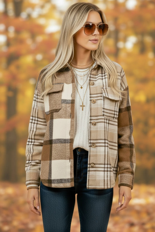 Light French Beige Flannel Plaid Double Flap Pocket Shacket