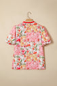 Floral Contrast Collared V-Neck Short Sleeve Blouse