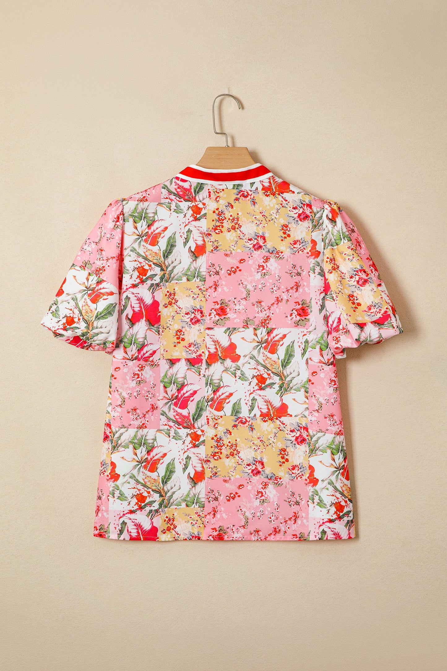 Floral Contrast Collared V-Neck Short Sleeve Blouse