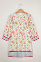 Floral Stripe Trim 3/4 Puff Sleeve Dress