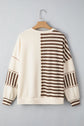 Khaki Stripe Stitched Detail Color Block Patchwork Oversized Pullover Top