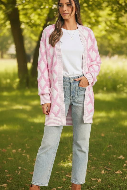 Pink Rhombus Pattern Knit Open Front Pocketed Cardigans