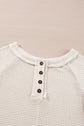 Oatmeal Waffle Knit Buttoned Front Raglan Sleeve Loose Blouse