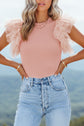 Apricot Dotty Mesh Ruffle Sleeve Ribbed Knit Top