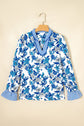 Floral Stripe Patchwork V-Neck Flounce Sleeve Blouse