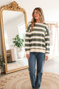 Khaki Stripe Crew Neck Drop Shoulder Pullover Sweatshirt