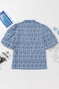 Floral Stripe Contrast Ric-Rac Puff Sleeve Top
