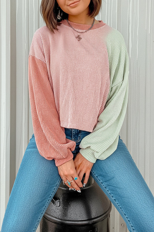 Multicolour Corded Colorblock Patchwork Drop Shoulder Long Sleeve Top