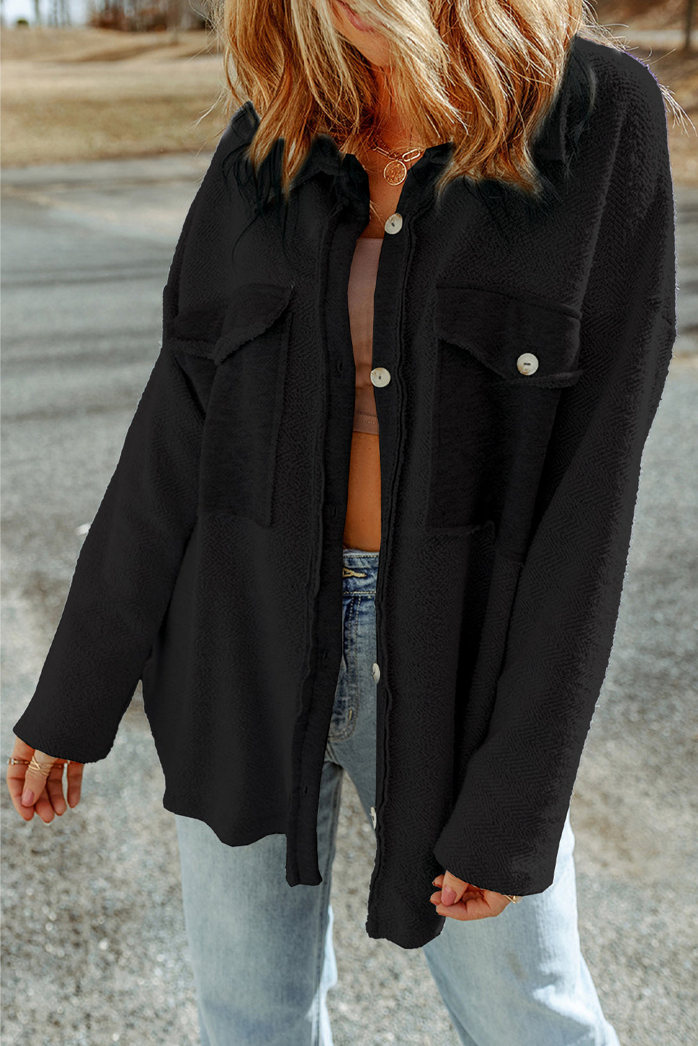 Gray BContrast Flap Pockets Relaxed Shacket