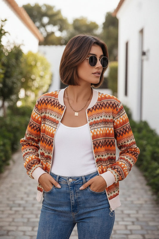 Orange Boho Striped Zip Up Long Sleeve Jacket