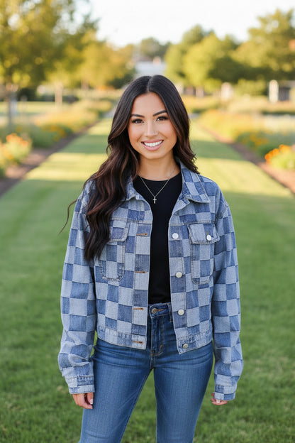 Light Blue Checkered Patchwork Button up Denim Jacket