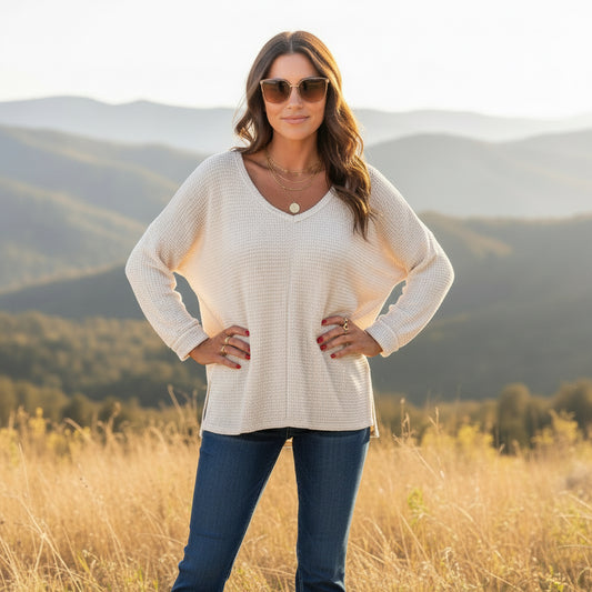 White Waffle Knit Side Slits Loose Fit V Neck Top