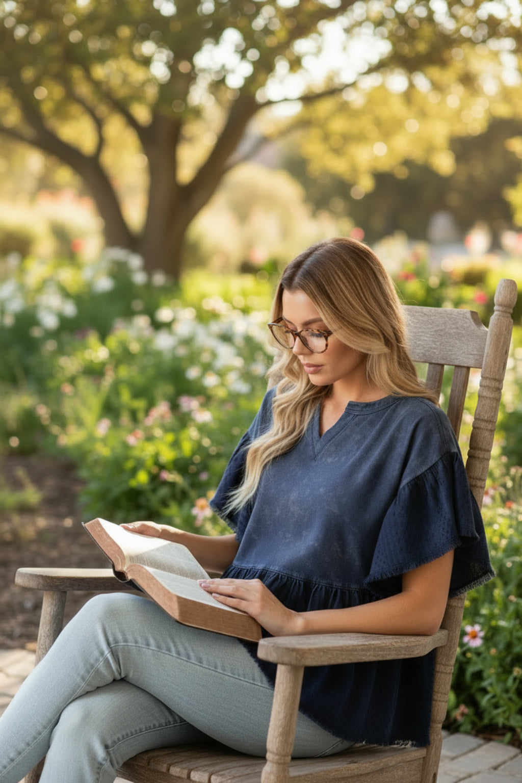 Woman wearing a blue top with ruffled sleeves and white shorts with an outdoor background sitting in a rocking chair reading her Bible