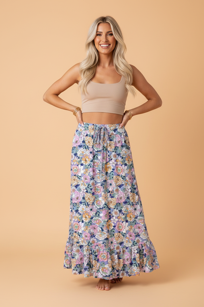 Floral Lace Up High Waist Ruffle Maxi Skirt