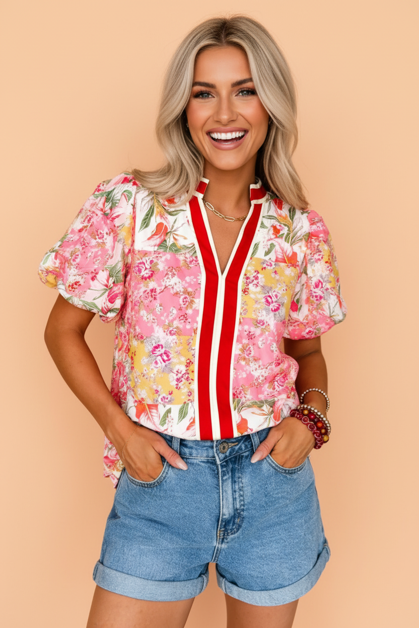 Floral Contrast Collared V-Neck Short Sleeve Blouse