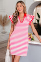 Dark Blue Stripe Print Contrast Collar Split Neck Flutter Sleeve Short Dress