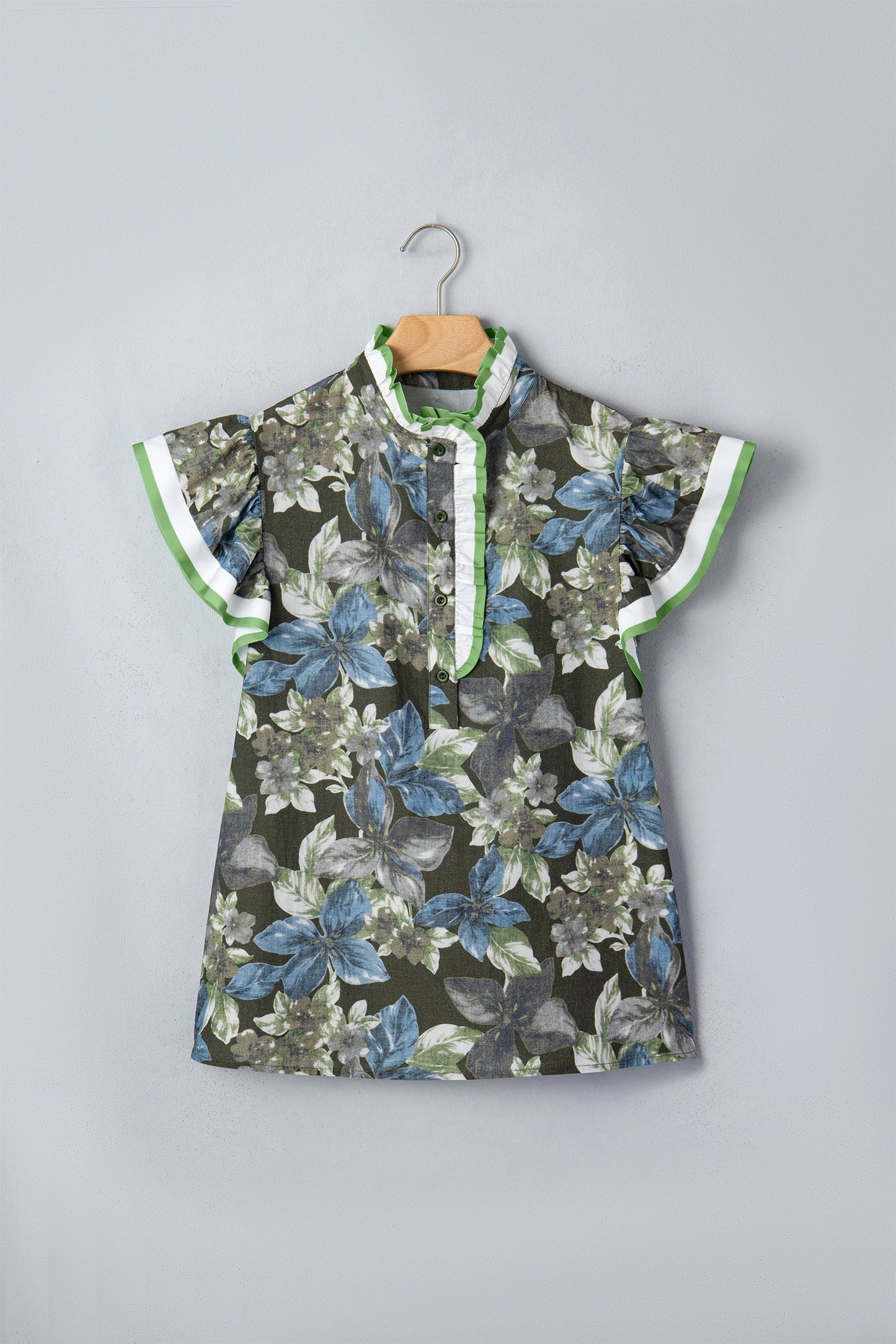 Floral Ruffle Short Sleeve Half Buttoned Blouse