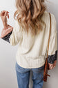 Beige Floral Patchwork Textured Knit Drawstring V Neck Blouse