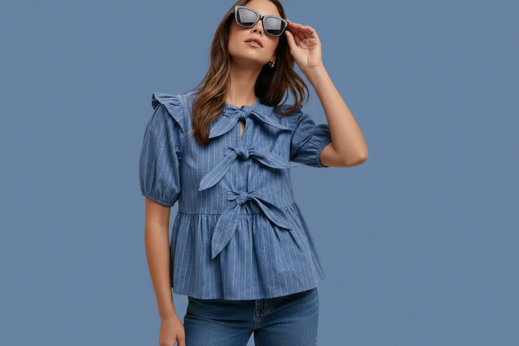Woman wearing a blue ruffled blouse and blue jeans with blue background