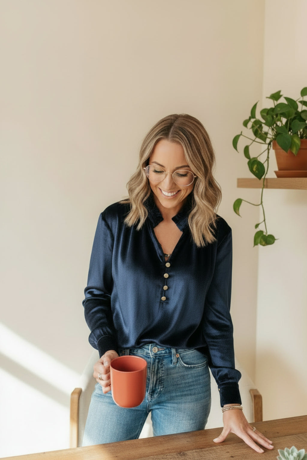 Woman wearing a navy velvet shirt and blue jeans at home office.