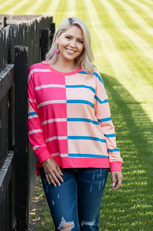 Rose Stripe Color Block Crewneck Long Sleeve Plus Size T Shirt