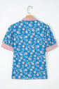 Floral Stripe Trim Button Neck Short Sleeve Blouse