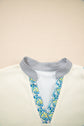 Floral Stripe Collared V-Neck Drop Sleeve Sweatshirt