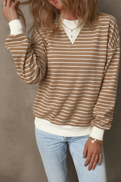 Khaki Stripe Patched Edge Textured Round Neck Long Sleeve Top